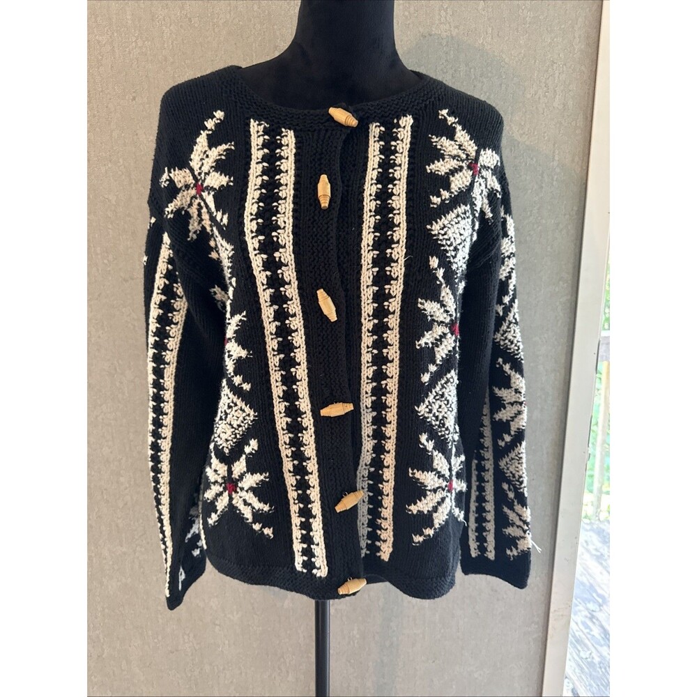 Vintage 90s Fair Isle Nordic Snowflake Cardigan Sweater Wood Toggles Chunky Knit